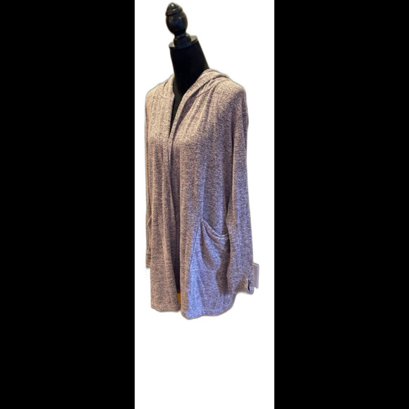 Hooded Cardigan Sweater Size ? 2X Gray Pink Open Front + Stretch Pockets - Picture 2 of 12